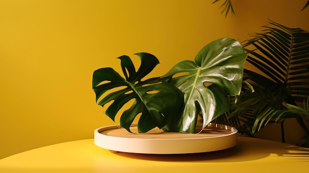 A yellow table with a plant on it and a plant on it.