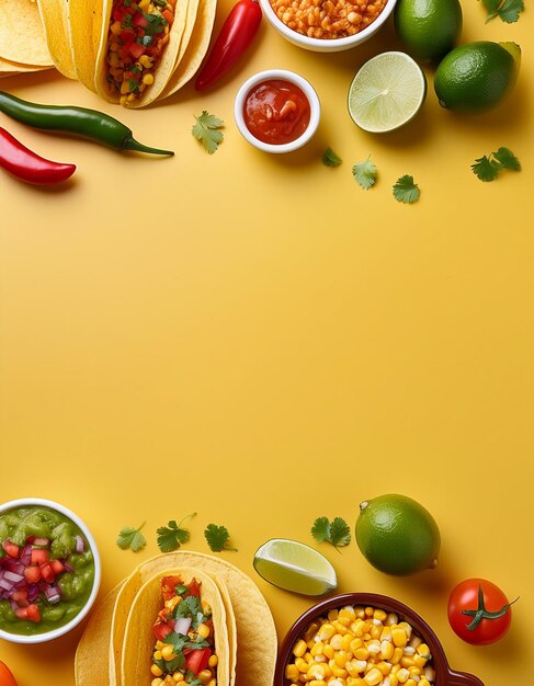 a yellow table with various food items including peppers peppers and limes