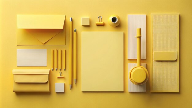 a yellow table with a yellow pencil and other objects on it