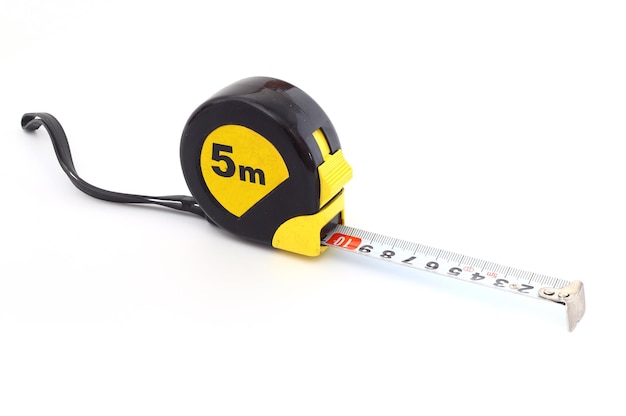 Yellow tape measure on white with clipping path 5 meter