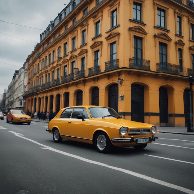 a yellow taxi cab is driving down the street