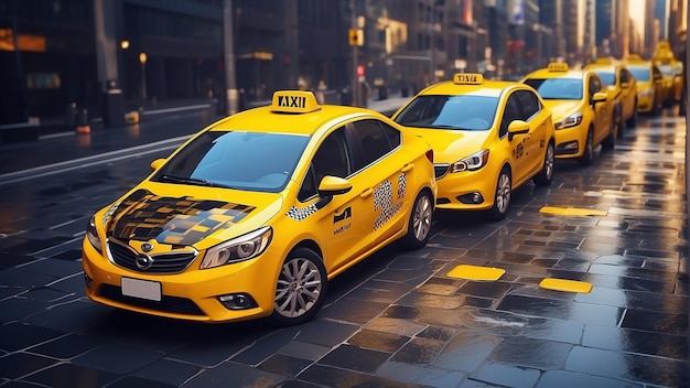 A yellow taxi cab is parked on a city street