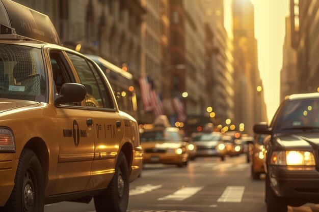 Photo yellow taxis and vehicles on a busy city street during sunset highlighting urban life and transportation in a bustling metropolis