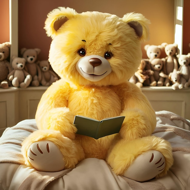 a yellow teddy bear sits on a bed with other toys