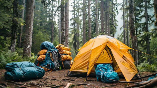 Yellow Tent and Backpacks Set Up in a Forest