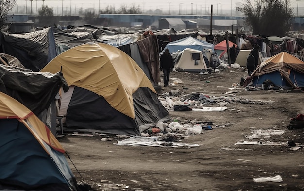 A yellow tent is in a field with trash on the ground