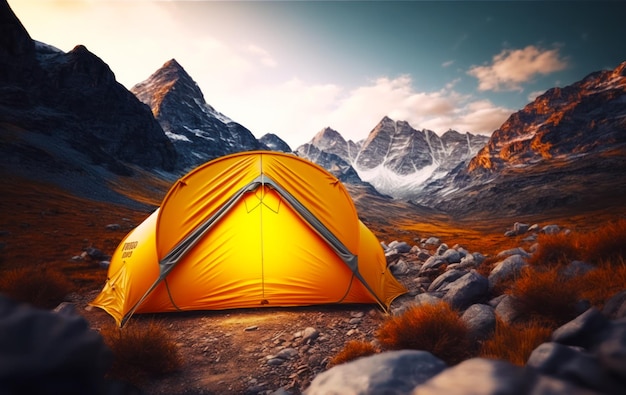 Yellow tent sitting in the middle of rocky field with mountains in the background Generative AI