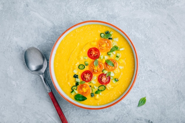 Yellow Tomato Gazpacho Spanish summer cold soup with fresh vegetables