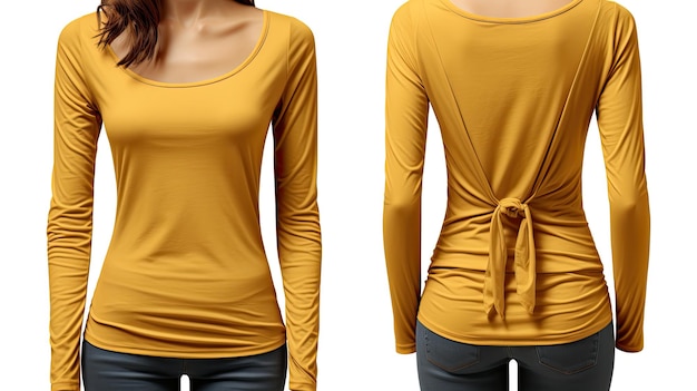 a yellow top with a bow on the front and the back is a v neck