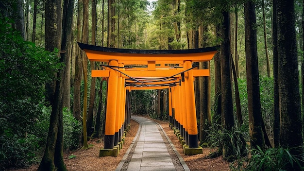 Photo a yellow torii gate is in a forest with trees in the background