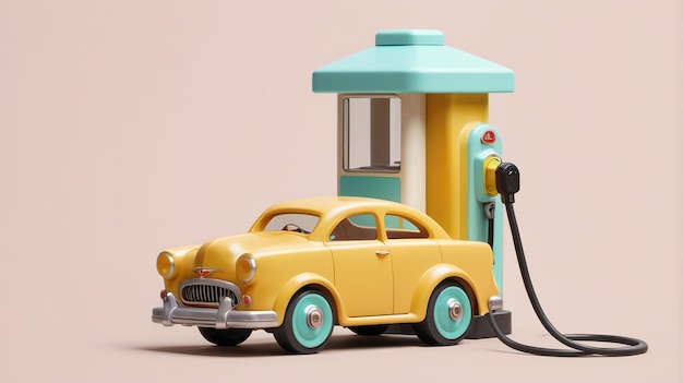 Photo a yellow toy car being refueled at a miniature gas station on a pink background