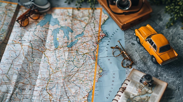 A yellow toy car on a detailed map with a brown leather book glasses camera