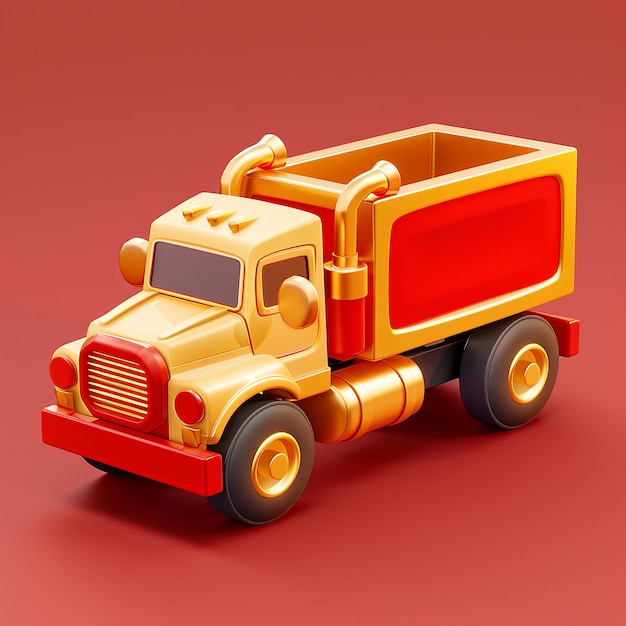 a yellow toy truck with a red back is on a red background