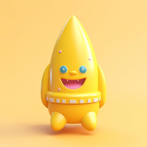 A yellow toy with a blue face and a blue button on its neck sits on a yellow background.