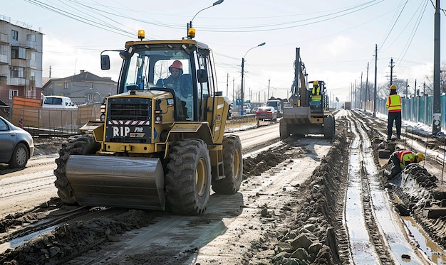 a yellow tractor is driving down a muddy road