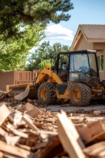 Photo a yellow tractor is parked in a yard with a pile of rubble