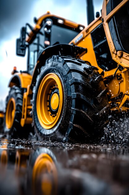 a yellow tractor is on a wet road with a puddle of water