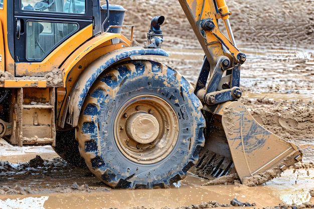 a yellow tractor with a sign that says  mud  on it