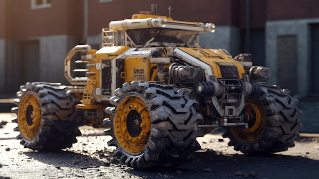 A yellow tractor with the word mining on the front.