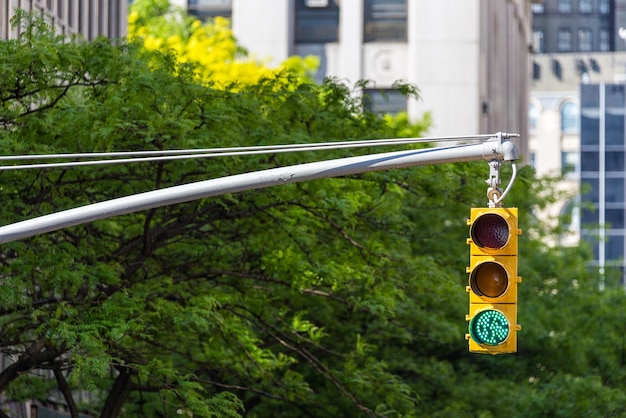 Yellow traffic lights on a street in new york city