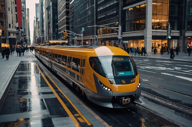 a yellow train is going down the street in the city