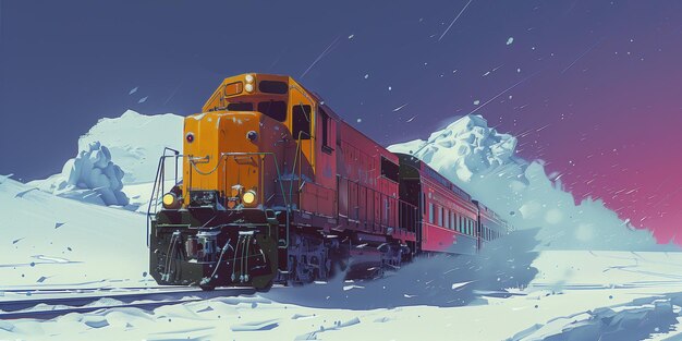 Photo a yellow train traveling through snowy landscape with pink sunset