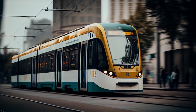 Yellow tram with motion blur effect moves fast in the city High speed passenger train in motion on railroad