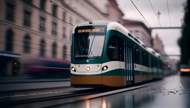 Yellow tram with motion blur effect moves fast in the city High speed passenger train in motion on railroad