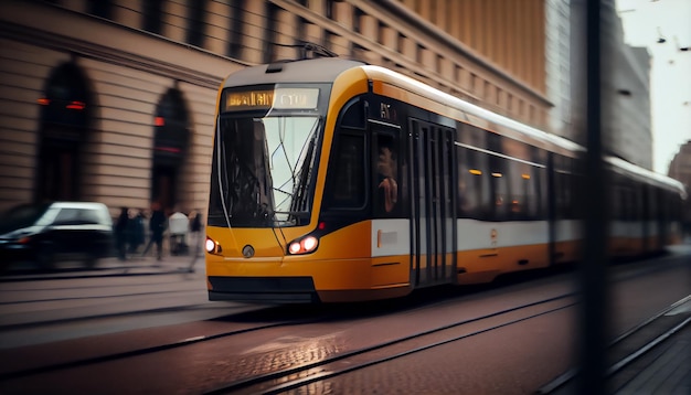 Yellow tram with motion blur effect moves fast in the city High speed passenger train in motion on railroad