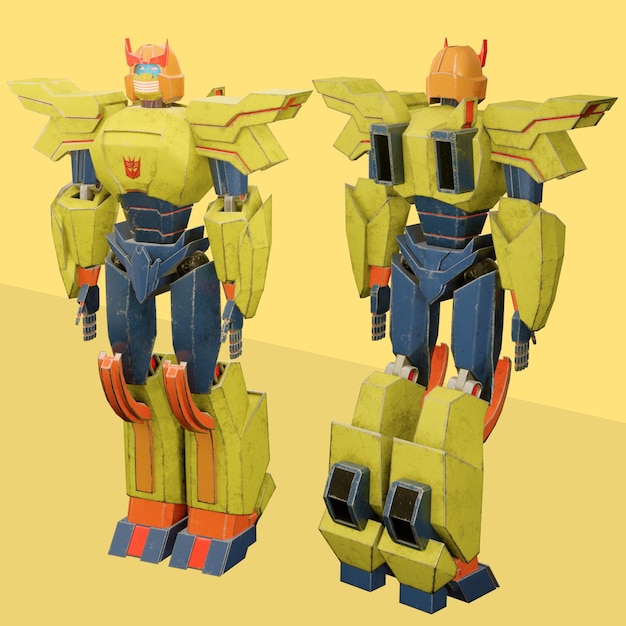 Yellow transformable robot front view and rear view