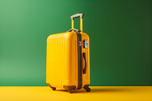 Yellow travel suitcase on green background