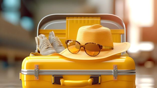 Yellow travel suitcase with hat and sun glasses