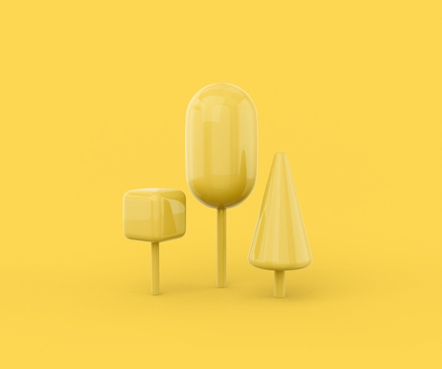 Yellow trees of different geometric shapes cube, oval, cone on a yellow background. Minimalistic design object. 3d rendering.