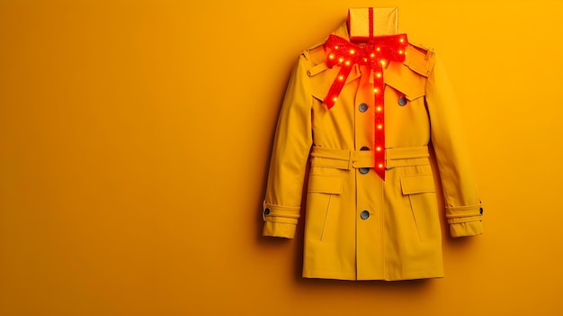 Yellow Trench Coat with Red Bow Lights on Yellow Background