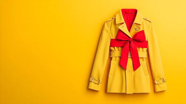 Yellow Trench Coat with Red Bow on Yellow Background