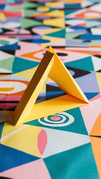 Photo yellow triangle with colorful paper geometric flat lay background