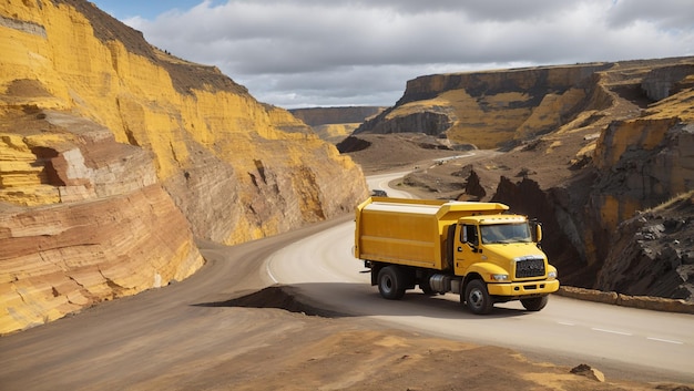 a yellow truck drives down a dirt road