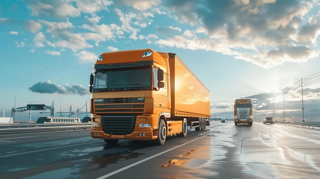 A yellow truck on a highway