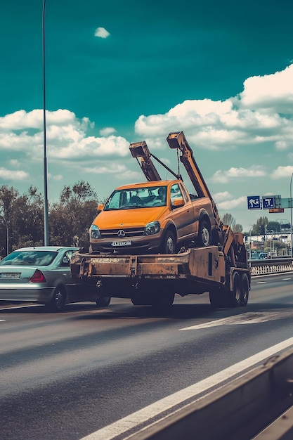 Photo a yellow truck is driving down the road with a sign that says quot tow truck quot