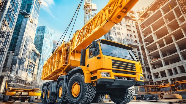 Photo a yellow truck with a crane on the side of it