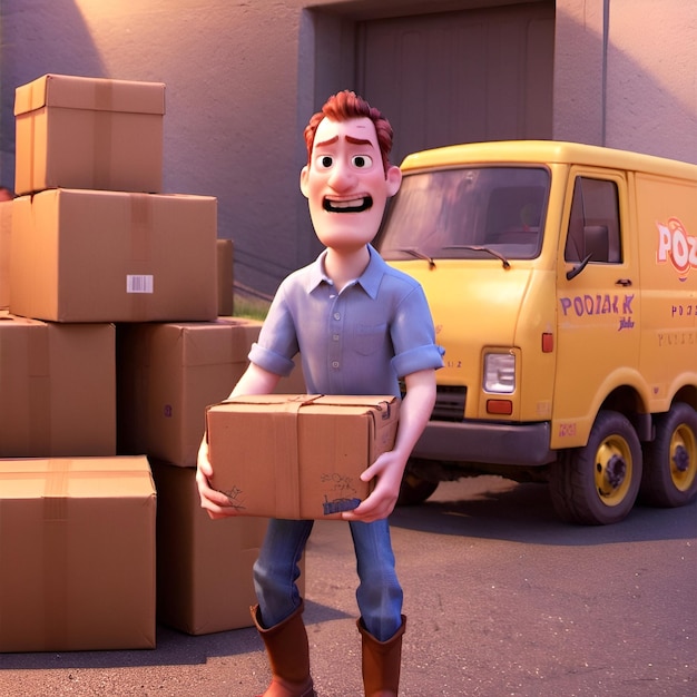 a yellow truck with a man holding a box that says bill