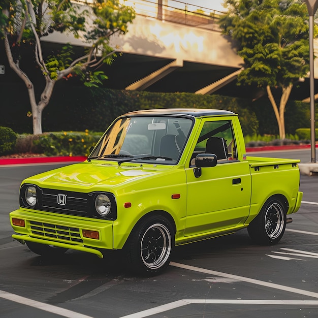 Photo a yellow truck with the number 69 on the front is parked in a parking lot