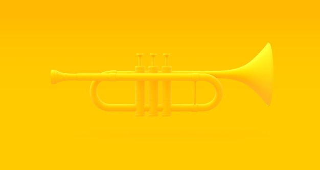 Photo yellow trumpet musical instrument on a yellow studio background front view minimal concept 3d