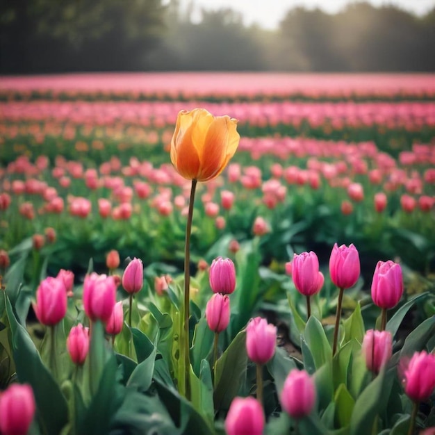 Photo a yellow tulip in a field of pink tulips