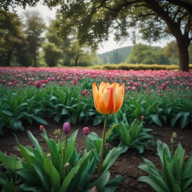 a yellow tulip is in a field of purple tulips