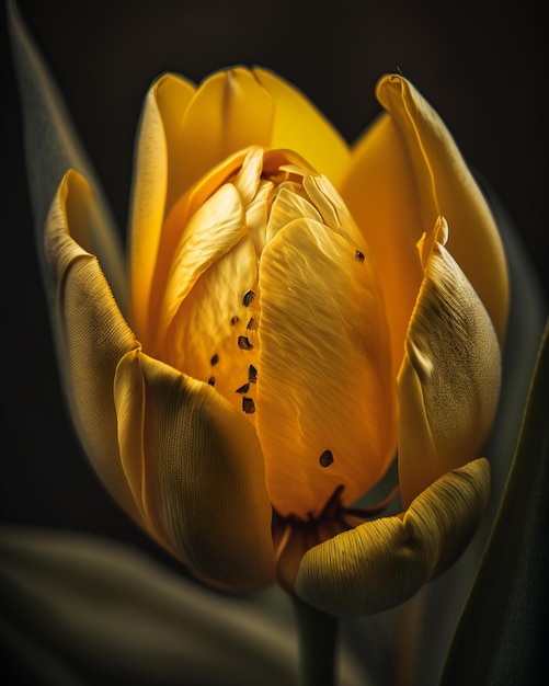 A yellow tulip with a black background