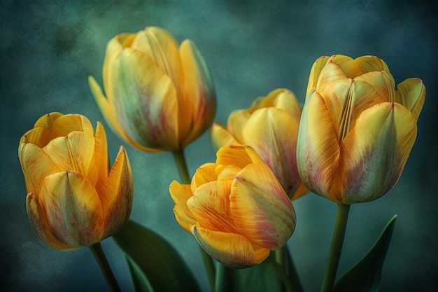 A yellow tulip with a green background