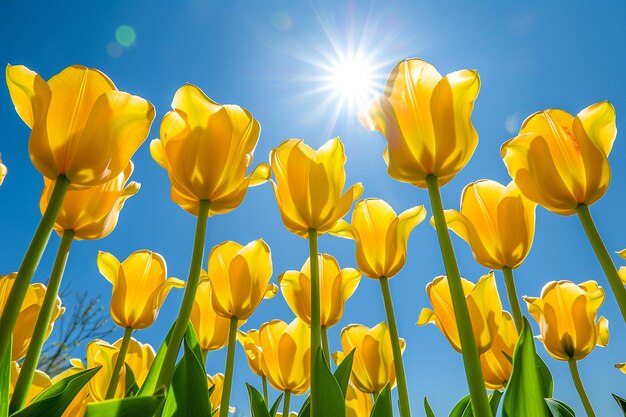 Photo yellow tulips against the sunny sky