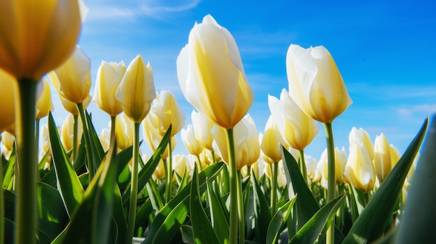 Yellow tulips on a background of blue sky