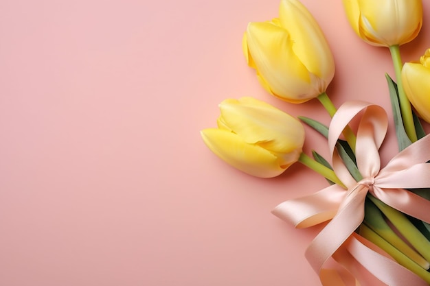 Yellow tulips with a ribbon on a pink background